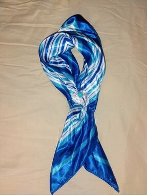 Blue Striped Women's Silk Scarf with Decorative Pin